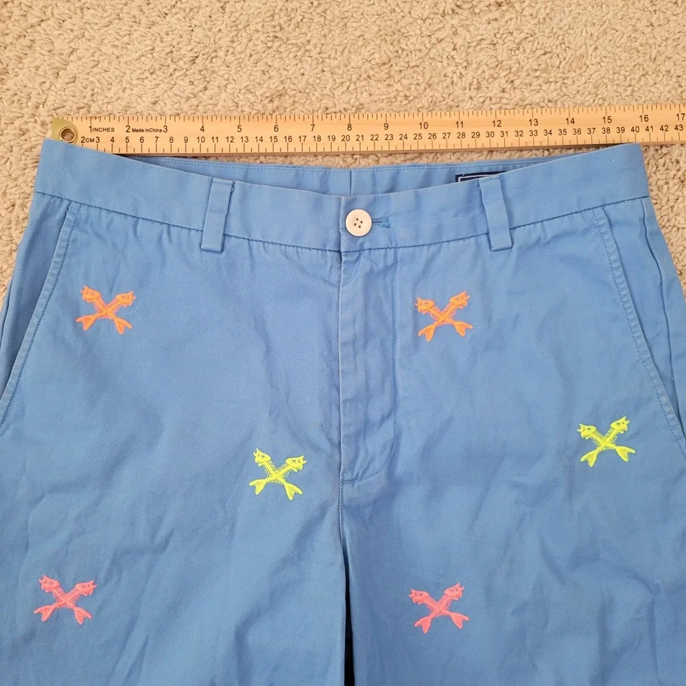 Vineyard Vines Mens 32 Blue Embroidered Fish Skeleton Chino Shorts Cotton